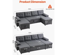 VEVOR U formos 6 vietų miegamoji sofa pilka
