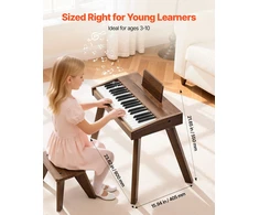 VEVOR Vaikiškas medinis skaitmeninis pianinas edukacinis muzikos instrumentas, 37 klavišų nešiojama klaviatūra su garso valdymu, riešutmedžio apdaila, dvigubos maitinimo parinktys