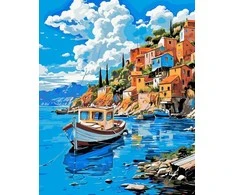 Viduržemio jūros pakrantės kaimo laivas — tapyba pagal skaičius, 40 × 50 cm