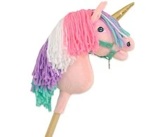 Vienaragis ant lazdos Hobby Horse rožinis su spalvota karčiene ir auksiniu ragu