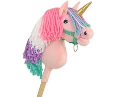 Super Hobby Horse Vienaragis ant lazdos Hobby Horse rožinis su spalvota karčiene ir auksiniu ragu