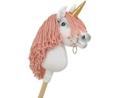Vienaragis ant lazdos Hobby Horse su rožine karčiene ir auksiniu ragu