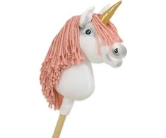 Vienaragis ant lazdos Hobby Horse su rožine karčiene ir auksiniu ragu