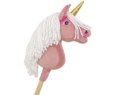 Vienaragis Hobby Horse lazdoje pastelinės rožinės spalvos su balta karčiais A4