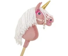 Vienaragis Hobby Horse lazdoje pastelinės rožinės spalvos su balta karčiais A4