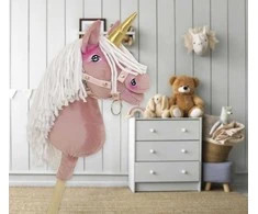 Vienaragis Hobby Horse lazdoje pastelinės rožinės spalvos su balta karčiais A4