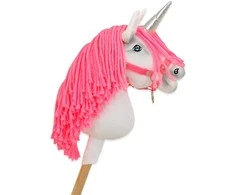 Vienaragis Hobby Horse lazdoje su neonine rožine karčiene ir sidabriniu ragu