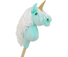 Vienaragis Hobby Horse su lazda mėtų spalvos su balta karčiais ir auksiniu ragu