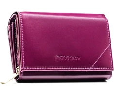 Violetinis portfel damski ze skóry naturalnej uždaromas zatrzaskiem, wyposażony w system RFID - Rovicky