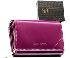 Violetinis portfel damski ze skóry naturalnej uždaromas zatrzaskiem, wyposażony w system RFID - Rovicky