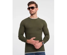 Vyriškas medvilninis megztinis su apvalia iškirpte - tamsiai alyvuogių spalvos