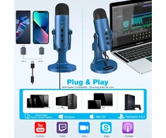 Zealsound USB kondensatorinis mikrofonas su triukšmo slopinimu ir 3,5 mm stebėjimo jungtimi, K66 Mėlyna