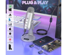 Zealsound USB mikrofonas K66 su triukšmo slopinimo, išjungimo ir eko funkcijomis, sujungimai USB-A/USB-C/Lightning, staliniam naudojimui