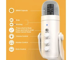 ZealSound USB mikrofonas su triukšmo mažinimu, kardioidinis, stalo laikiklis, K66 perlinis baltas