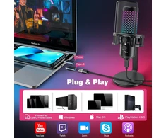ZealSound USB RGB kondensatorinis žaidimų mikrofonas su tap-to-mute, 96 kHz, metalinis, BKD-12A