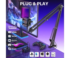 ZealSound USB žaidimų mikrofonas su RGB apšvietimu, komplektas su stovu ir ištraukiamuoju galu, BKD-11 Pro