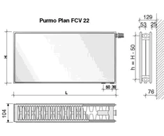 Radiatorius PURMO FCV 22, 600-1600, pajungimas apačioje