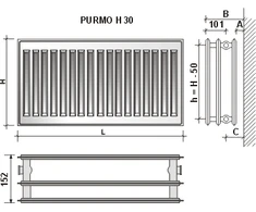 Radiatorius PURMO H 30, 500-900, pajungimas šone