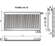 Radiatorius PURMO HV 10, 500-1600, pajungimas apačioje