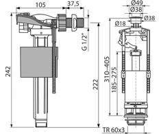 WC mechanizmų komplektas AlcaPlast, prileidimas šoninio pripildymo, nuleidimas su Stop mechanizmu