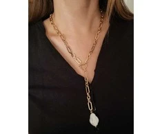 Handmade Rankų darbo moteriškas kaklo vėrinys su tikru gėlavandeniu perlu – 18 k auksu dengta grandinėlė su toggle užsegimu dovanų dėžutėje