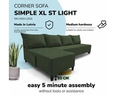 Meb Podrez Didelis kampinis sofos lovos komplektas be porankių Simple XL St Light Turkiu žalia