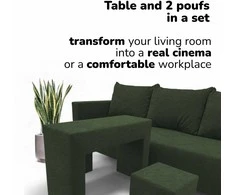 Meb Podrez Dvivietis išskleidžiamas sofa su staliuku ir pufais „Simple Combo“, „Podrez“, turkio-žalia