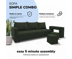 Meb Podrez Dvivietis išskleidžiamas sofa su staliuku ir pufais „Simple Combo“, „Podrez“, turkio-žalia