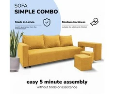Meb Podrez Išskleidžiamas dvigulės sofos lovos komplektas su staliuku ir pufais „Simple Combo“, „Podrez“, geltonos spalvos