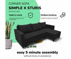 Meb Podrez Kampinė išskleidžiama sofa lova su patalynės dėže Simple X Sturis,, Podrez,, grafito spalvos