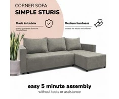 Meb Podrez Kampinė išskleidžiama sofa lova su patalynės dėže „Simple Sturis“, „Podrez“, šviesiai pilkos spalvos