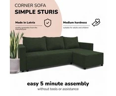 Meb Podrez Kampinė išskleidžiama sofa lova su patalynės dėže „Simple Sturis“, „Podrez“, turkio-žalios spalvos