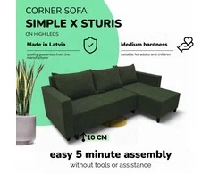 Meb Podrez Kampinė išskleidžiama sofa lova su patalynės dėže Simple X Sturis,, Podrez,, turkio-žalios spalvos