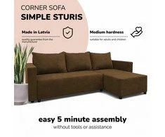 Meb Podrez Kampinė išskleidžiama sofa lova su patalynės dėže „Simple Sturis“, „Podrez“, rudos spalvos