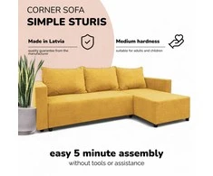 Meb Podrez Kampinė išskleidžiama sofa lova su patalynės dėže „Simple Sturis“, „Podrez“, geltonos spalvos