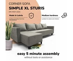 Meb Podrez Klasikinis didelis kampinis sofos komplektas Simple XL Sturis, Šviesiai pilka