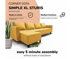 Meb Podrez Klasikinis didelis kampinis sofos komplektas Simple XL Sturis, Geltona