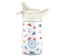 Cool Bottles - Nerūdijančio plieno vaikiškas buteliukas su atlenkiamu šiaudeliu, 350ml (Little wheels)