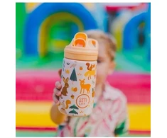Cool Bottles - Nerūdijančio plieno vaikiškas buteliukas su atlenkiamu šiaudeliu, 350ml (Woodland buddies)