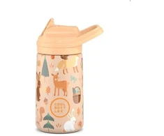 Cool Bottles - Nerūdijančio plieno vaikiškas buteliukas su atlenkiamu šiaudeliu, 350ml (Woodland buddies)
