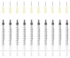 1 ml švirkštai su buka adata, 10 vnt., skysčiams dozuoti