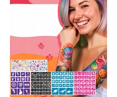 10 blizgučių rašiklių rinkinys laikinoms tatuiruotėms + trafaretai