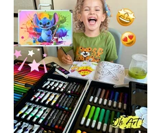 145vnt Piešimo ir Tapybos rinkinys vaikiškame lagamine Stich, profesionalus meno rinkinys vaikai, suaugusiems, paaugliams ir menininkams Oh Art!