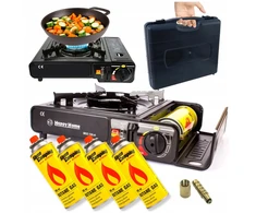 2in1 dujinė stovyklavimo viryklė su pjezo uždegimu + 4 ALPEN KEMPINGOS KASETĖS
