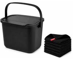 6L BIO konteineris su dangteliu + 6 juodos medvilninės šluostės virtuvės komplektas