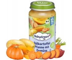 BABYDREAM BIO DARŽOVŲ PUODAS SU MOLIŪGAIS IR SALDIEJI PUODAI 12m EKOLOGIŠKA VAKARIENĖ