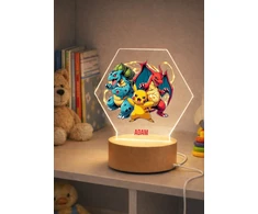 Bez Marki 3D Pokemon LED naktinė lempa + pavadinimas, dovana PREMIUM USB medinis pagrindas