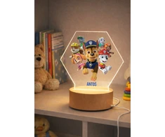 Bez Marki Lampka Nocna LED 3D Psi Patrol +Imię Prezent Podstawa Drewniana PREMIUM USB