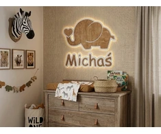 Bez Marki Lampka Nocna LED Drewniana Słonik su Imieniem Dziecka Personalizowana Słoń L