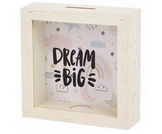 Bez Marki SKARBONKA DREWNIANA SKRZYNKA NA PIENIĄDZE OSZCZĘDNOŚCI SZKŁO DREAM BIG